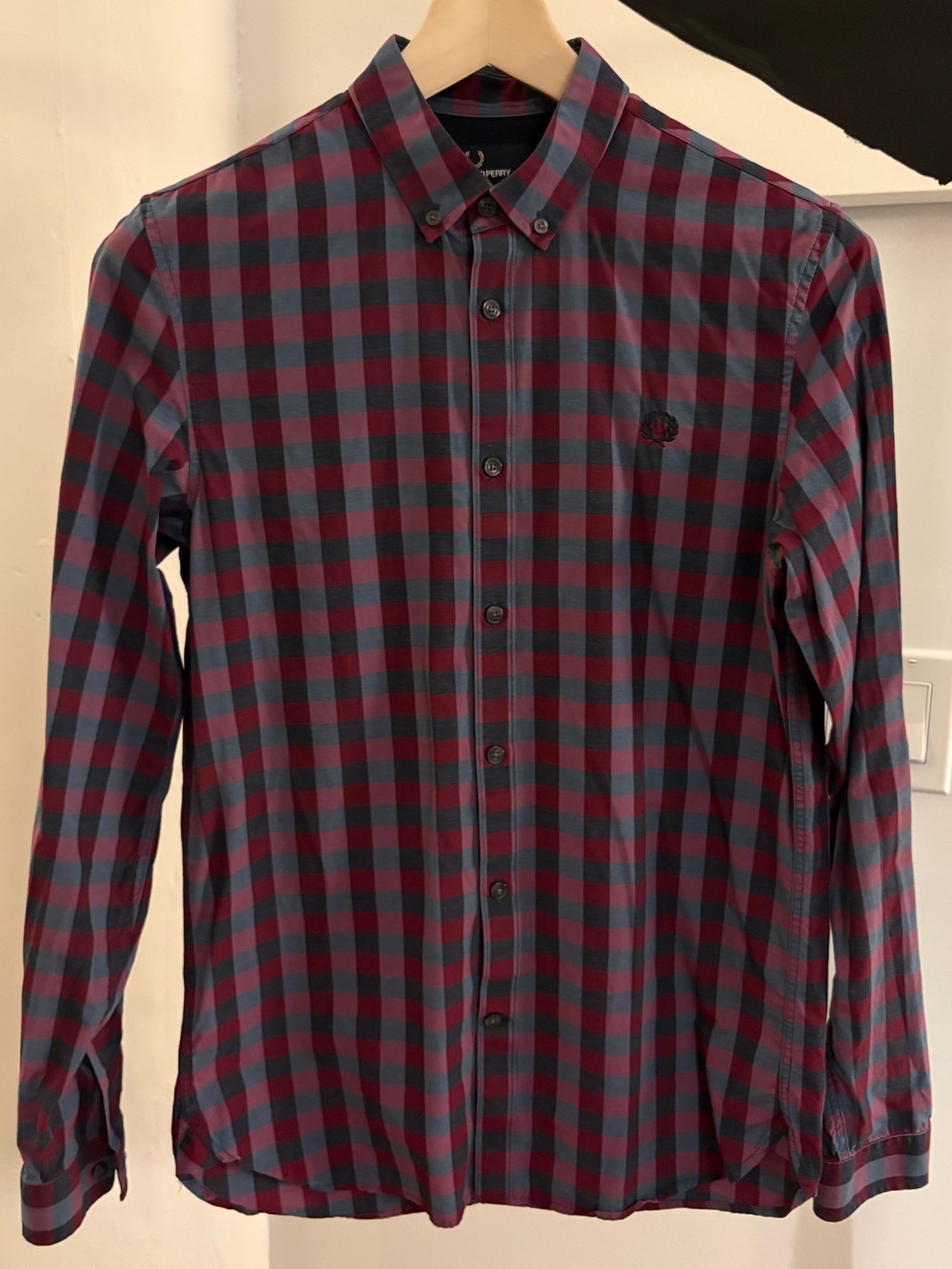 Fred Perry Button Down Shirt L/S Gingham Check Red/Blue Small